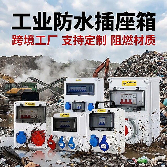 将背景替换为户外垃圾处理厂场景，突出工业防水插座箱在恶劣污染环境的耐用性，添加文字"工业防水插座箱 跨境工厂 支持定制 阻燃材质"，打造垃圾处理场景的电商主图