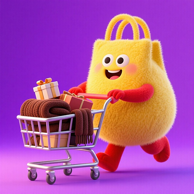 毛茸茸的黄色购物袋拟人化，推着满载礼物的购物车，3D卡通风格萌趣十足，传递双11节日购物的欢乐氛围。