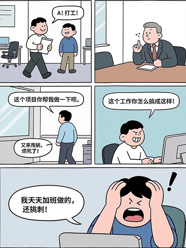 《打工人的“表面功夫”修炼手册》， 职场/社交中“表面笑嘻嘻，心里MMP”的巨大反差。