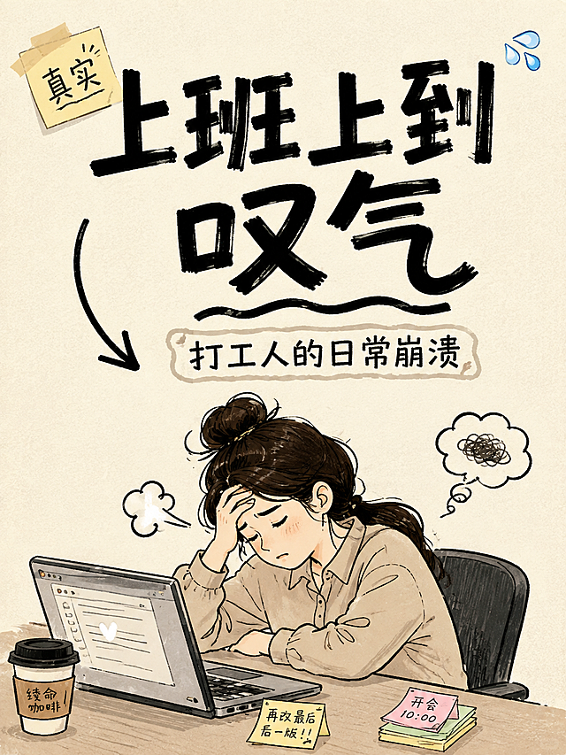 小红书笔记大字封面，插图大字，手绘风职场随感，版式精美，小红书笔记封面质感，适合信息流点击。主标题必须完整呈现且为画面视觉中心，逐字锁定：「上班上到叹气」。主标题字号占画面约 55% 视觉权重，清晰可读，不得增删改字。副标题：「打工人的日常崩溃」。背景：浅米色手绘纸张质感，带轻微铅笔纹理，温暖柔和。标题排版：手写马克笔风格粗体字，深棕黑色，扁平无立体效果，部分字带手绘波浪下划线，采用插图大字 L02 人物+文本框策略。插画层：画面下半部分手绘一位年轻女性坐在笔记本电脑前办公，低头扶额、唉声叹气，旁边有叹气线条和小云朵，电脑屏幕有工作文档，桌上有咖啡杯和便签，整体手绘简笔风格，线条轻松带点丧萌，不抢主标题。装饰：右上角 1 个 💦 汗滴 emoji 小贴纸；主标题下方一条手绘弯曲箭头指向人物；另加便签纸小角标写着「真实」。整体氛围：职场打工人真实又好笑的疲惫感，手绘治愈风，情绪共鸣强。画质：高清细腻，信息层级清晰，主标题与背景强对比，文字完整处于安全区内不可裁切，四周留安全边距。画面比例 3:4，4K。