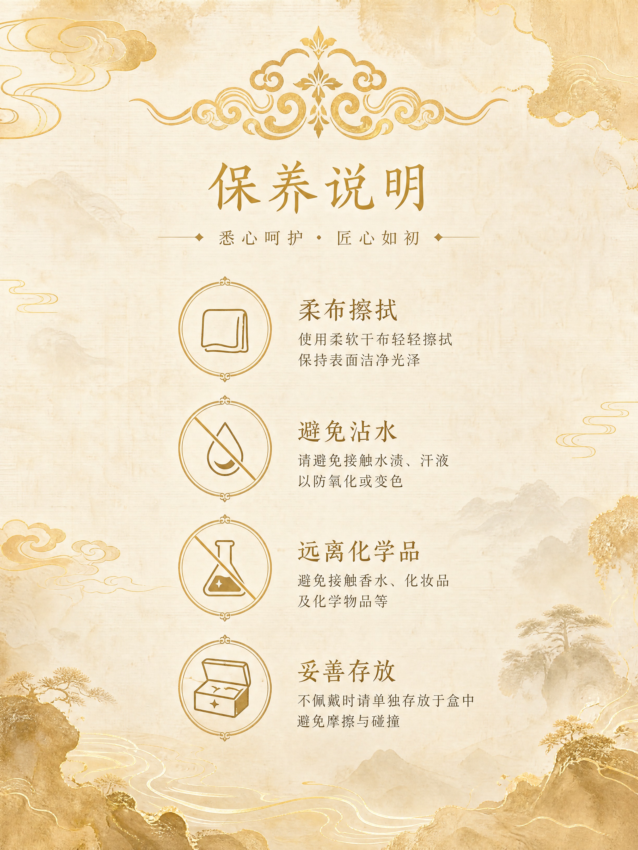 新中式国风保养说明卡片，米杏色宣纸纹理背景，淡金色水墨晕染边角… - 图片创意预览