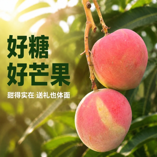 [主图-4] 展示好糖好芒果卖点，突出送礼体面的特点。
[氛围风格] 自然果园挂果氛围，高品质感，拼多多大字直白风格。
[画质] 商业摄影质感、自然暖阳逆光、光线柔和通透、芒果清晰真实、画面干净高级。预览效果
