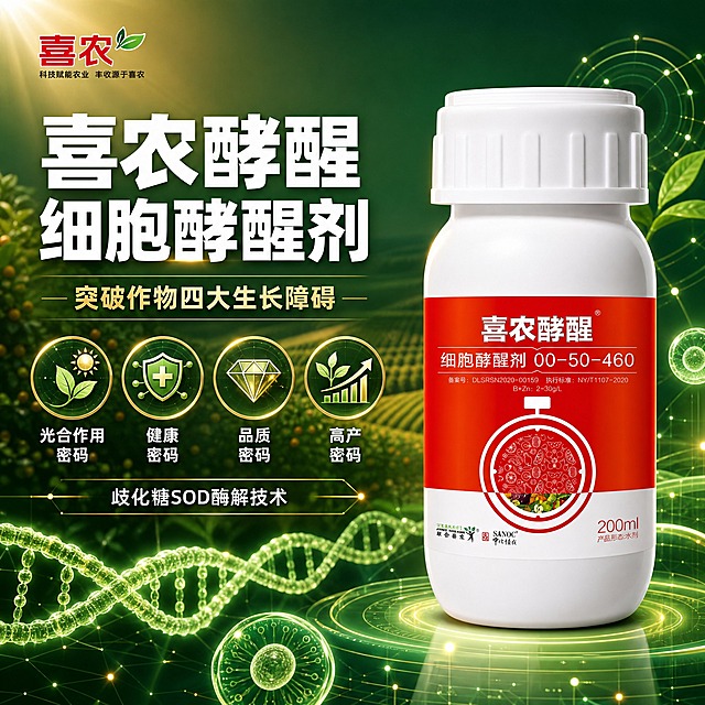 [主图-1] 主题：喜农酵醒 细胞酵醒剂 首图吸睛，突出四大生长密码与科技农业感，吸引抖音用户点击。
[统一基调] 整体风格为农业科技风，背景主色采用深绿渐变到翠绿，搭配金色高光点缀；标题字色为白色加粗，辅助字色为浅绿和金色，强调色为红色；字体为粗黑体，字号层级分明，标题最大，卖点次之，说明最小；卡片样式为半透明深色圆角矩形，配金色细线边框。
[画面] 产品瓶身位于画面右侧，占画面约55%，正面朝向观众，瓶身标签完整清晰，瓶盖白色，瓶身白色，红色标签上的"喜农酵醒""细胞酵醒剂 00-50-460"字样完整保留。背景为绿色科技感农田场景，远处有金色阳光洒下的麦田或果园，近处有发光的DNA双螺旋和植物细胞结构光效，营造生物科技氛围。画面左侧上方为大标题区域，下方排列四个圆形图标，分别代表四大生长密码。左上角放置品牌Logo区域。
[光影质感] 商业摄影质感，主光从左上方打来，瓶身有自然高光和反光，底部有柔和接触阴影，产品立体感强；背景光效柔和，科技光点均匀分布，整体光线明亮通透。
[配色] 主色调深绿翠绿渐变，点缀金色和红色，标题白色，辅助文字浅绿金色，整体配色高级有科技感，符合农业肥料品类调性。
[文字版式] 左上角品牌位；左侧上方主标题"喜农酵醒 细胞酵醒剂"白色粗黑体超大字号；下方副标题"突破作物四大生长障碍"金色中号字；再下方四个圆形图标横向排列，每个图标内有对应图案，图标下方分别标注"光合作用密码""健康密码""品质密码""高产密码"白色小字；底部有一条金色细横线，下方标注"歧化糖SOD酶解技术"白色小号字。所有文字放在左侧负空间，不遮挡产品主体。
[输出要求] 比例1:1，文字清晰可读，产品清晰完整，无变形，无错字，无模糊，无杂乱元素，无水印，无平台Logo。