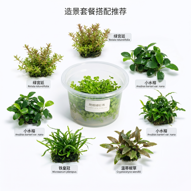 [主图 9] 爬地矮珍珠多种水草搭配展示。
[氛围风格] 生态搭配推荐风格
[画质] 商业摄影质感、光线柔和通透、产品清晰真实、画面干净高级。
[元素] 爬地矮珍珠无菌杯产品居中，周围搭配展示几种常见预览效果