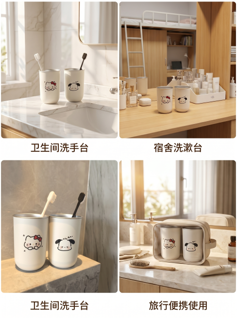 [主图 4] 多场景适用展示宫格图；[氛围风格] 温馨舒适家居治愈甜美风；[画质] 商业摄影质感、光线柔和通透、产品清晰真实、画面干净高级；[元素] 画面分为三个宫格，分别展示漱口杯放在卫生间洗手台、预览效果