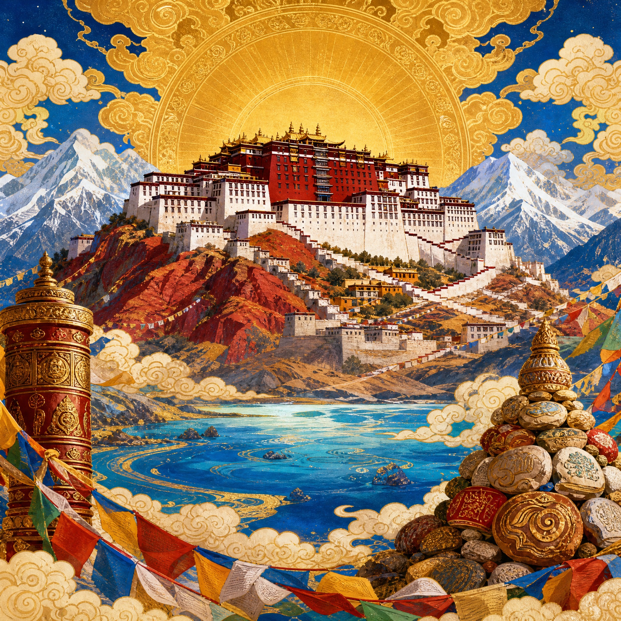 国潮风景插画，藏族主题，布达拉宫矗立在红山之上，金顶红墙白楼，… - 图片创意预览