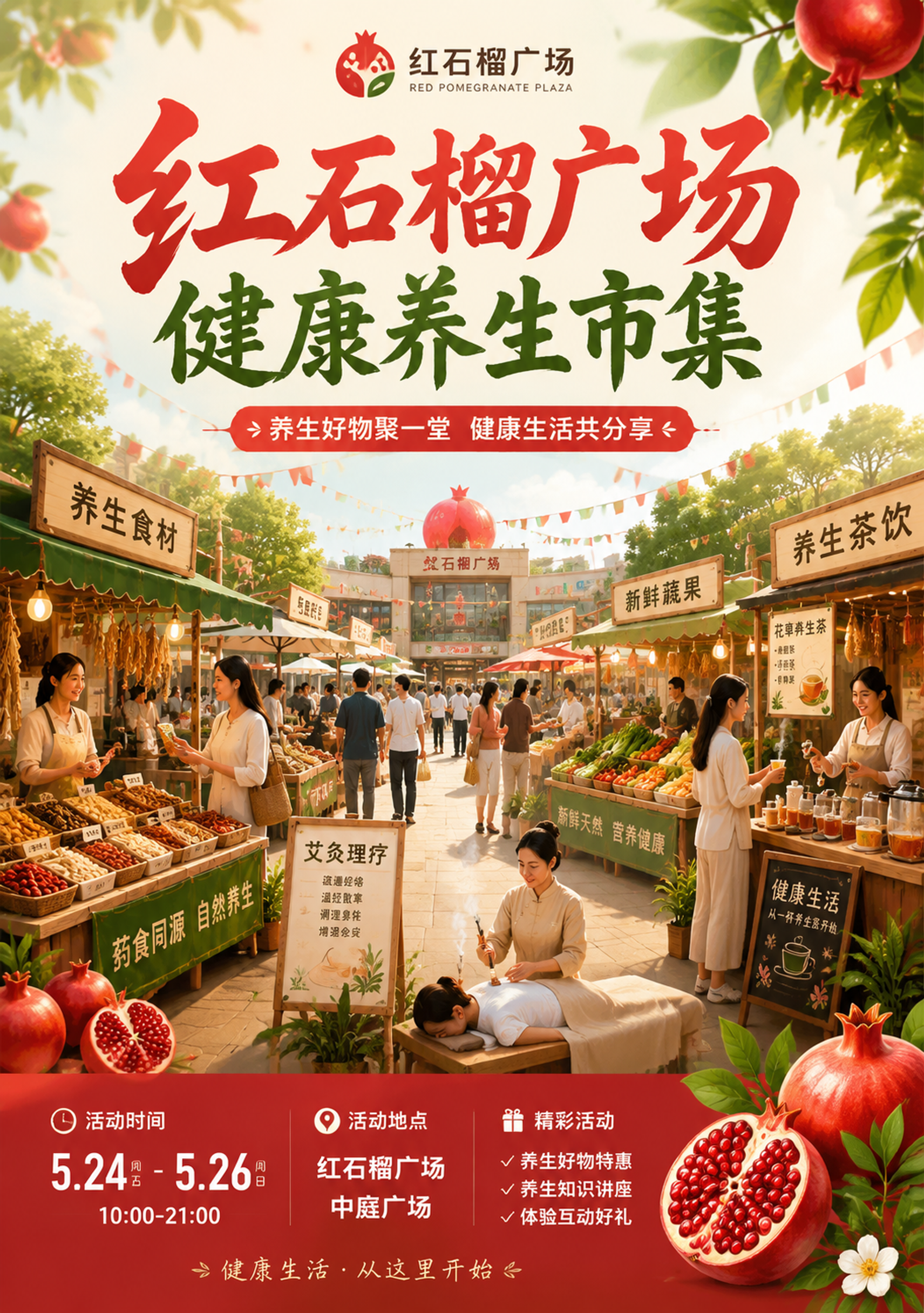 红石榴广场健康养生市集主视觉KV海报，画面中心是热闹的市集场景… - 图片创意预览