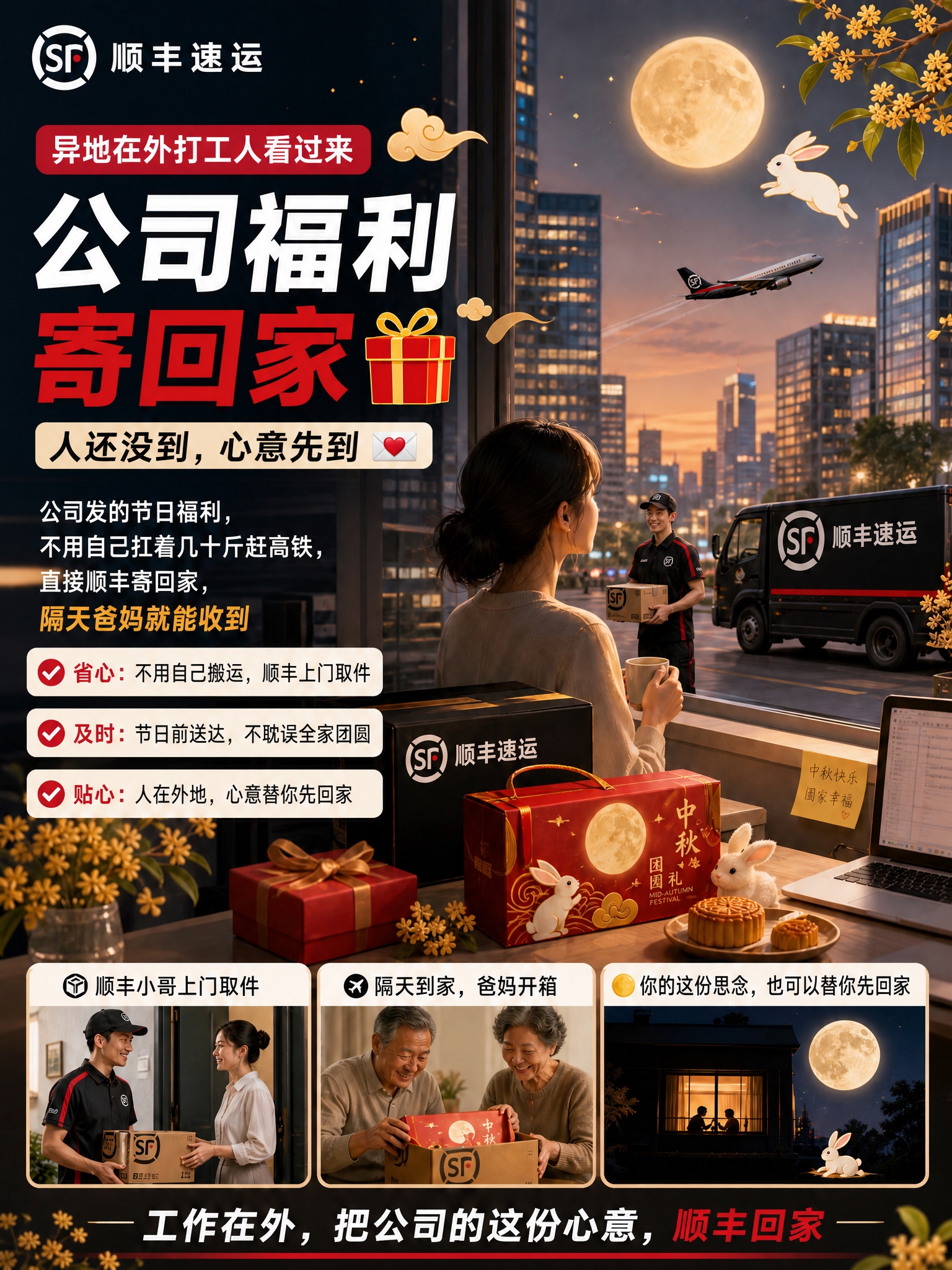 对这张顺丰中秋公司福利寄回家的小红书海报进行图生图修改。整体保… - 图片创意预览