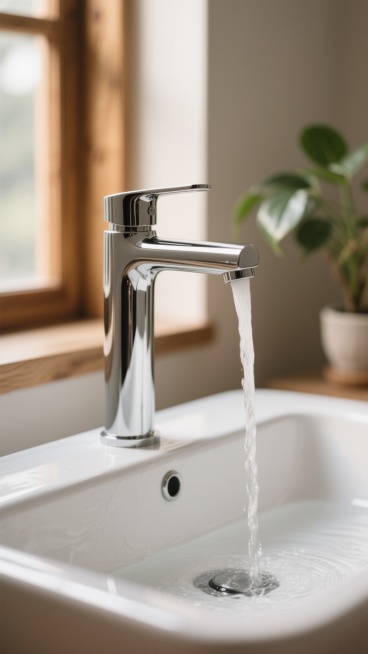 一个设计精美的水龙头特写，水龙头主体为亮银色金属材质，表面光滑且有清晰的反光效果，水流从出水口呈细长的弧线状自然滴落，汇入下方洁白的洗手盆中，盆内水面有细微的涟漪。背景柔和模糊，左侧有木质纹理的窗框，透过窗户能看到朦胧的自然光洒入，右侧摆放着一盆绿色植物，叶片舒展，整体色调温暖和谐，营造出宁静、干净、自然的居家氛围，光线柔和，阴影细腻，具有写实的摄影质感，画面聚焦于水龙头和水流，细节清晰，突出……预览效果