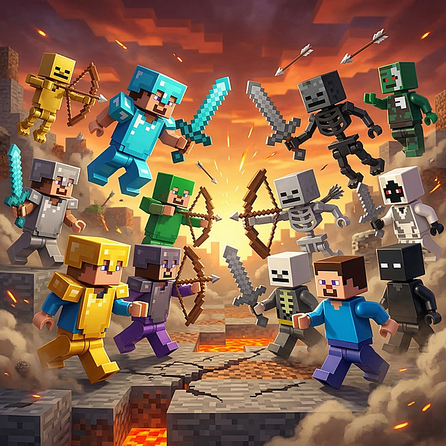 将两张图里的我的世界风格公仔分为左右两个对阵阵营，放在一张方形图中，公仔形象生动立体，大小错落，整体充满热血战斗氛围感