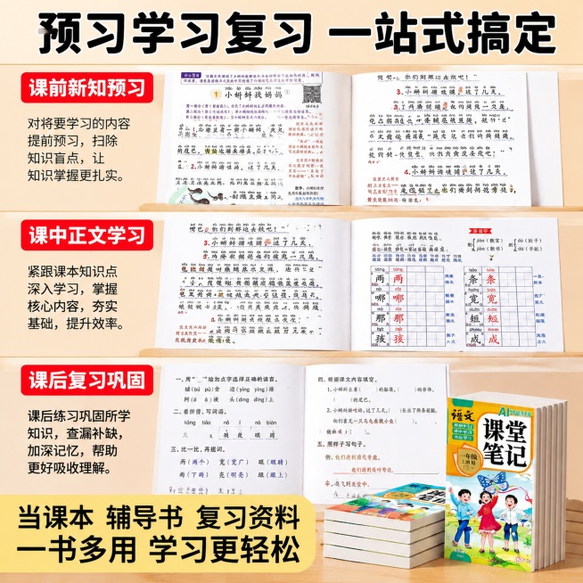 [主图-3] 全学习流程功能展示主图。
[氛围风格] 信息清晰，实用直观，让家长清晰了解产品价值；
[画质] 商业摄影质感、光线柔和通透、产品清晰真实、画面干净高级。
[元素] 画面分上中下三个模块，预览效果