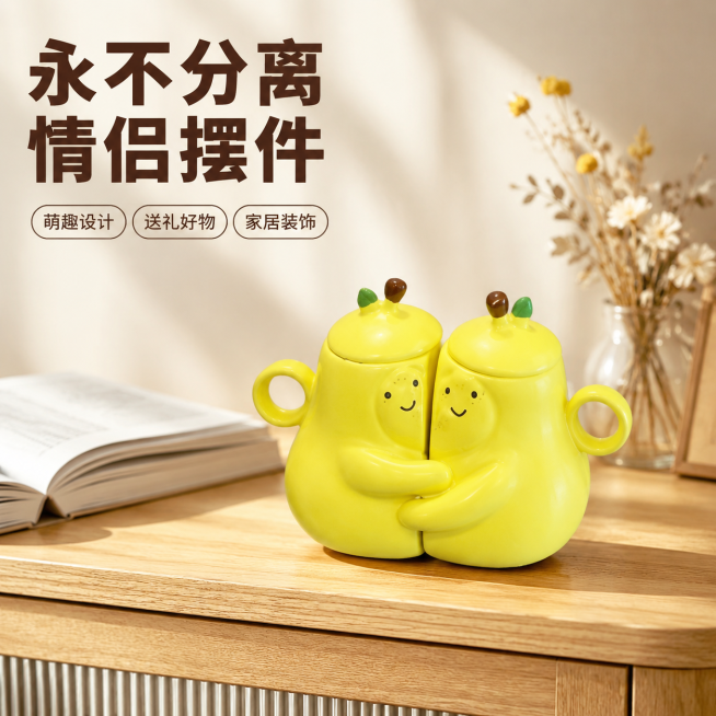 [主图-1] 创意情侣拥抱梨装饰摆件空间氛围首图。[氛围风格] 温馨居家生活感，治愈可爱风。[画质] 商业摄影质感、光线柔和通透、产品清晰真实、画面干净高级。[元素] 将这款永不分离黄色拥抱梨摆件放置预览效果