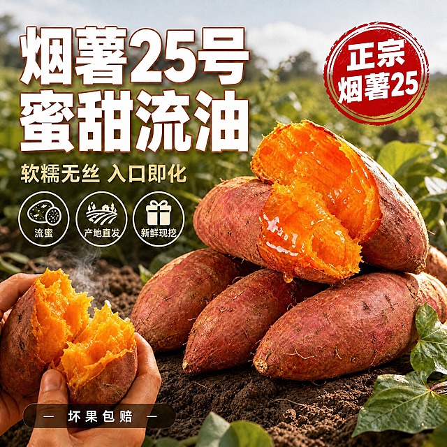 修改这张电商主图：将右上角红色圆形印章中的"25°蜜甜"文字改为"正宗烟薯25"，字体为白色粗黑体，保持印章的红色圆形外观和大小位置不变。其他所有内容（红薯主体、标题文字、卖点图标、底部文字、背景等）保持原样不动。