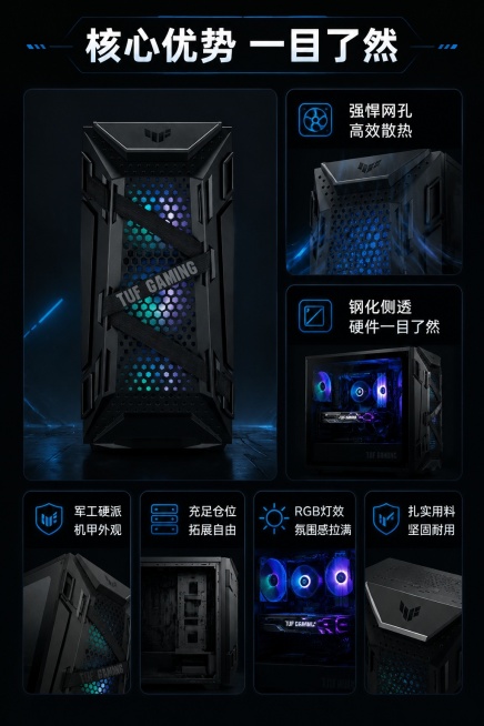 [第3屏] 核心卖点总览-TUF-GAMING-301火枪手机箱六大优势总览。本屏使用【图4】正面图作为核心展示。
[氛围/风格] 信息卡片式布局，科技感，模块清晰，专业电竞数码风格。
[元素布局]预览效果