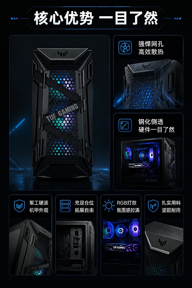 [第3屏] 核心卖点总览-TUF-GAMING-301火枪手机箱六大优势总览。本屏使用【图4】正面图作为核心展示。
[氛围/风格] 信息卡片式布局，科技感，模块清晰，专业电竞数码风格。
[元素布局] 左侧大卡片放置机箱正面全景图，右侧分上下两个小卡片介绍核心卖点，底部再放三个横向卖点卡片；共六大卖点，每个卖点配小图标，结构与原图一致。
[光影质感] 左侧产品打光清晰，卡片分区有阴影层次，整体通透不压抑。
[配色色系] 全局底色 #121212，主色哑光黑卡片，辅助色蓝色霓虹点缀，白色卖点文字。
[视角构图] 左大右小错落构图，主次分明，阅读动线清晰。
[文字版式] 顶部主标题「核心优势 一目了然」，卖点分别为：「强悍网孔 高效散热」「钢化侧透 硬件一目了然」「军工硬派 机甲外观」「充足仓位 拓展自由」「RGB灯效 氛围感拉满」「扎实用料 坚固耐用」，每个卖点文字简洁，图标搭配清晰，不遮挡产品主体。
[比例分辨率] 9:16竖版比例，4K分辨率，文字清晰可辨，高清画质。
[负向提示词] 产品变形，文字遮挡主体，文字错乱，结构混乱，颜色偏差