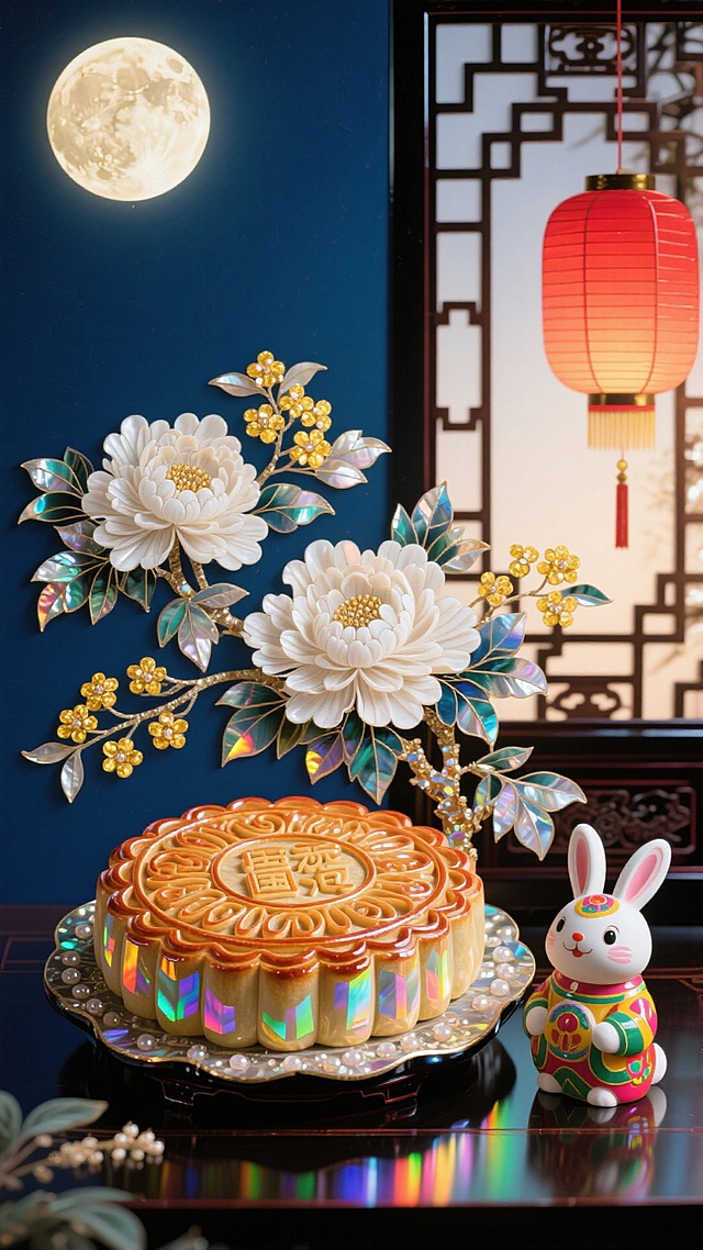 国潮风与3D重拟物结合，琉璃质感月饼搭配鎏金浮雕花枝，红灯笼映衬满月，营造出梦幻唯美的中式中秋氛围。