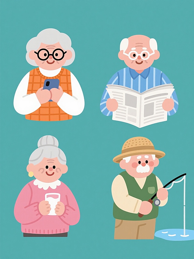 一套四个老年人插画合集，保持原卡通扁平风格，纯色背景，规整排布，每个角色都有圆润的面部轮廓、简洁的线条和明亮的色彩。第一个老年女性戴着圆框眼镜，穿着橙色格子背心和白色衬衫，正低头看手机，嘴角上扬；第二个老年男性头发花白，戴着老花镜，穿着蓝色条纹衬衫，手里拿着报纸认真阅读；第三个老年女性梳着发髻，穿着粉色毛衣，双手捧着一杯牛奶，面带微笑；第四个老年男性戴着草帽，穿着绿色马甲和卡其色裤子，手持钓鱼竿，眼睛注视着水面，神情专注。所有角色都保持正面或略微侧视角度，姿态自然，表情愉悦，整体色彩明快和谐，符合原插画的可爱温馨氛围。