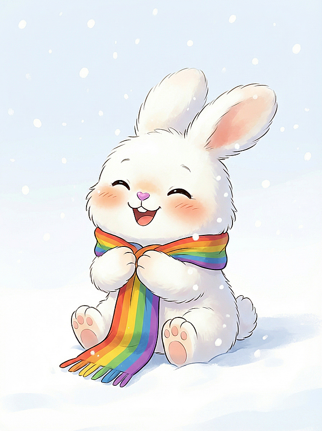 基于图中的白色小兔子，修改动作：小兔双手捡起彩虹围巾，紧紧抱在胸口，表情展现失而复得的开心；干净雪地背景，画面温暖治愈，无多余元素，风格保持和原图一致，16开竖版