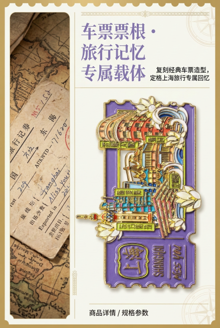2:3竖版电商详情图，国潮复古旅行杂志风排版，左侧30%区域为复古旅行车票的怀旧实拍图，右侧70%区域为严格还原上海旅行车票票根造型镂空金属珐琅冰箱贴的车票轮廓特写，产品比例1:1。主标题“车票票根・预览效果
