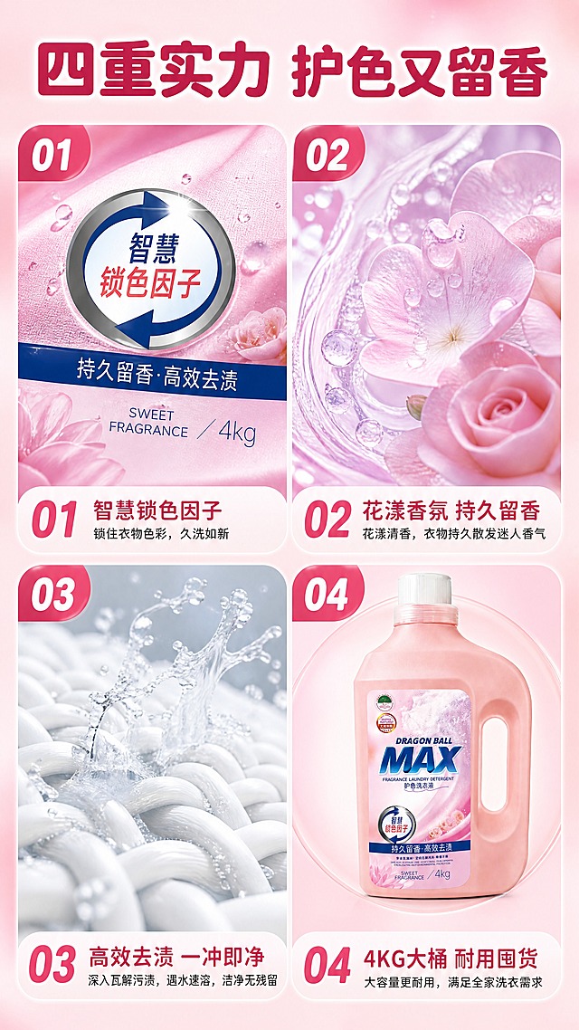 [商品] 使用【图1】正面瓶身与【图2】背面瓶身作结构参照；保留粉色瓶体、手提孔、白色瓶盖、正面标签全部原有文字（DRAGON BALL MAX、护色洗衣液、妙色花漾、智慧 锁色因子、持久留香 高效去渍、4kg），以及背面产品说明版式；仅作清晰化与光影融合，不改文字、不改结构。
[画面] 目标：拆解四项核心实力。构图：2×2四宫格拼图，四格均以粉色深浅不同的圆角色块承载——左上格为瓶身正面标签「智慧 锁色因子」区域的微距特写，右上格为粉紫色花漾液体质感与花瓣微距，左下格为白色织物在清水中被冲净的微距，右下格为整桶4KG正面全景小图；每格左上角带编号胶囊。景别=三格微距+一格中景。阅读动线：左上→右上→左下→右下。
[视觉] 套系策略：风格=拼多多高转化实拍商业风；标题字=粗圆黑体；正文字=细黑体；主色=樱花粉；背景延展=深粉与浅粉交替的四格色块+柔光晕；强调色=玫红仅用于编号胶囊与引线；标题色=深玫红；正文色=深灰；组件=圆角色块、编号胶囊、短说明条；光影=顶光柔和+微距高光，水珠清透。
[文字] 全部文字横排。顶部主标题“四重实力 护色又留香”，四格下方各写编号与短说明“01 智慧锁色因子”“02 花漾香氛 持久留香”“03 高效去渍 一冲即净”“04 4KG大桶 耐用囤货”。文字不压产品标签，字号手机端清晰可读。
[规格] 图片比例9:16竖版，1080x1920，4K，避免四格错位变形、瓶身文字错乱、文字竖排、二维码、条形码、平台Logo、水印。