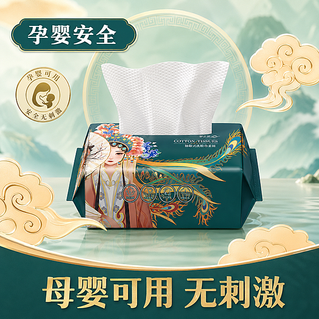 [主图-3] 梦之灵抽取式洗脸巾孕婴安全主题展示。单包洗脸巾居中放置，搭配简约国潮安全标识，祥云平安纹样点缀四周，突出孕婴可用的安全特性。[氛围风格] 高级新中式国潮风格，柔和安心氛围。[画质] 商业摄影质感、光线柔和通透、产品清晰真实、画面干净高级。保持「梦之灵」抽取式洗脸巾包装盒外观与输入产品图绝对一致，杜绝任何变形和色差，精细化处理。商品主体占比严格控制在60%-80%之间。盒子边缘添加轻微阴影，呈现3D立体感。画面满屏无边框。[光影] 明亮柔和的漫射光，整体均匀干净，突出安心感。[配色] 主色调为深墨绿（孔雀绿），搭配浅青绿色背景，点缀浅金色祥云纹样，清新雅致。[视角构图] 平视居中构图，画面干净简洁。[文字版式] 底部占据画面下方1/4区域，放置大字号金色加粗主标题"母婴可用 无刺激"，字体醒目。左上角使用深墨绿背景搭配白色加粗大字"孕婴安全"，文字排版不遮挡产品主体。[比例分辨率] 1:1比例，2048x2048px分辨率；文字清晰锐利，画面超高清。[负向提示词] 变形，水印，文字错乱，产品图模糊，背景杂乱，无关品牌logo，无关装饰元素，遮挡主体。