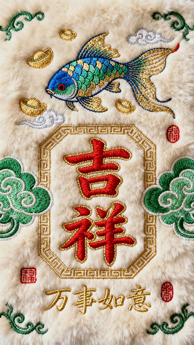 米白色毛绒质感背景，表面有细腻的绒毛纹理，整体呈现温暖柔软的触感。中央位置以红色丝线绣制“吉祥”二字，字体为传统书法风格，笔画饱满有力，边缘有金色勾边点缀。上方绣有一只彩色锦鲤，鱼鳞以蓝、绿、金三色渐变丝线绣成，鱼鳍和尾巴飘逸灵动，周围环绕着金色的元宝和祥云图案。锦鲤下方两侧分布着绿色的祥云纹样和金色的回纹边框，底部用金色丝线绣制“万事如意”英文字样，字体优雅流畅。画面中还点缀着小型的红色印章图案和绿色的卷草纹装饰，整体构图对称和谐，色彩搭配喜庆吉祥，所有元素均采用精致的刺绣工艺，针脚细密，立体感强，保持与原图一致的毛绒基底和刺绣质感。