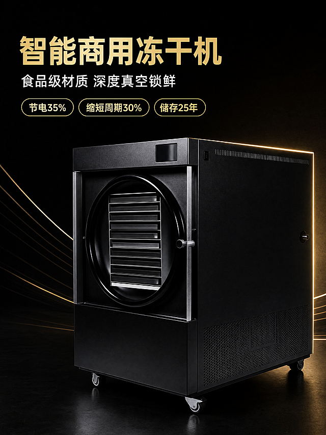 [第1屏] 详情页头图-商用智能真空冻干机主视觉
[氛围/风格] 高端黑金科技风，专业工业质感，商业摄影质感，画面沉稳大气
[元素布局] 黑色冻干机主体放在画面右侧偏中位置，占据约65%画面比例，保持产品物理结构、材质质感、颜色与输入图1一致，杜绝变形色差。背景采用深黑色渐变，左上角留出大标题区域，点缀细金色线条装饰，整体满铺无边框。
[光影质感] 左侧主光打亮产品轮廓，右侧金色辅助光勾勒边缘，金属部分高光清晰，整体明暗对比适中，突出工业设备厚重专业感
[配色色系] 全局底色：#121212（深黑）；主体配色：纯黑机身+不锈钢银色；辅助色：金色线条与文字，黑金对比高端大气
[视角构图] 45度斜侧平视，产品完整展示不裁切，背景简洁突出主体
[文字版式] 左上区域左对齐排版，主标题「智能商用冻干机」，使用阿里巴巴惠体字体，金色大字号加粗；副标题「食品级材质 深度真空锁鲜」，白色中字号；下方三个卖点胶囊标签：「节电35%」「缩短周期30%」「储存25年」，黑金撞色，清晰不遮挡产品。
[比例分辨率] 3:4 竖版比例，4K分辨率，文字清晰可辨
[负向提示词] 产品变形，颜色偏差，水印，文字错乱，结构错误，背景杂乱