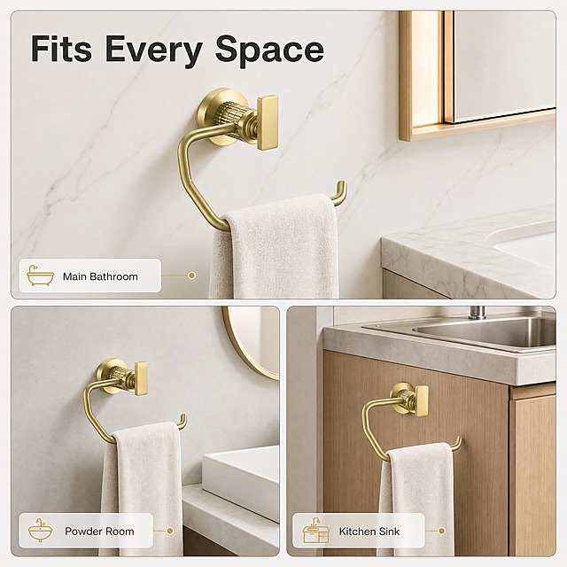 [主图-6] 金色浴室手巾环（Gold Towel Ring）多空间适配图，采用 1+2 宫格版式，唯一任务是展示同一产品在三种不同浴室与厨房空间中的安装适配效果，回答"是否百搭"的问题，不重复尺寸与材质信息。
[统一基调] 现代极简高端卫浴电商信息图：背景主色浅灰米白 #F2F0EB 与白色大理石纹，标题字色深石墨灰 #2E3238，辅助字色中灰 #6B7178，强调色香槟金 #C8A96A；只使用一款无衬线字体，仅字号层级变化；组件统一为 8px 圆角细描边卡片、1px 浅灰描边、细线引线配金色圆点、线性金色小图标。
[画面] 上部为一张大型主场景（白色大理石纹墙＋镜柜侧安装的主浴空间），下部两张等宽小图，分别为浅灰哑光墙面配白色台盆的客卫、浅木橱柜侧配水槽的厨房；三格必须统一同一镜头视角、同一光向、同一圆角样式与同一标签位置；每格只保留一个英文空间标签："Main Bathroom"、"Powder Room"、"Kitchen Sink"；产品在三格中保持完全一致的外观、结构、材质、颜色与比例，均为安装完成态，贴合墙面，不新增道具与配件。
[光影质感] 三格统一明亮侧前光，金属香槟金高光一致，墙面有自然浅影，产品边缘与墙面自然融合，无硬切边、无白底残留、无悬浮感。
[配色] 三格同属一个浅灰米白＋香槟金主色家族，木色与灰墙只作环境色，不出现第二种主色。
[文字版式] 标题 "Fits Every Space" 置左上、字号最大，三个空间标签字号为标题 50% 以下，全部横排、无逗号、无中文。
[输出要求] 1:1 正方形，宫格分割干净、产品清晰；负向：多主色、宫格样式不统一、产品变形、错字、模糊、水印、平台 Logo、中文内容。
