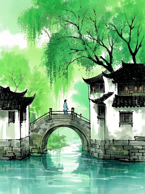 滴墨画，小桥流水，人家绿树，大面积留白，典雅，低饱和色，水墨风预览效果