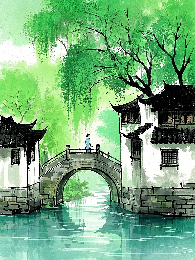 古典水墨风插画，清新绿意环绕古桥，人物悠然自得，尽显江南水乡韵味。
