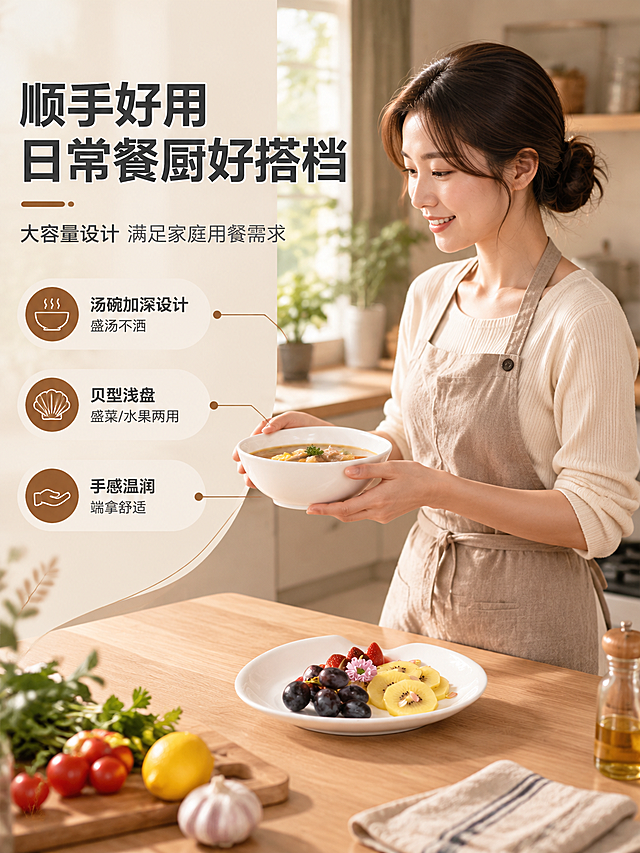 [商品] 使用【图2】海韵三角汤碗与【图3】海韵10贝型盘；保留纯白陶瓷材质、三角碗型、贝型盘的完整轮廓与比例；真实功能方向为盛汤、盛菜的使用演示。
[画面] 页面目标：真人功能演示，亚洲女性厨房自然操作。构图：左文右图，右侧60%为人物+产品场景，左侧40%为文字信息区。景别：中景（人物腰部以上）。主体位置：画面右侧，人物侧身面向左，双手自然端起汤碗从灶台端向餐桌，贝型盘盛放菜肴置于操作台。动作：自然端碗行走/盛汤动作，流畅无摆拍痕迹，表情轻松自然。前中后景：前景操作台食材，中景人物+碗盘，后景虚化的现代厨房橱柜与窗光。
[视觉] 套系策略：风格=真实生活感商业摄影；标题字=现代无衬线粗黑体；正文字=简洁无衬线体；主色=奶白陶瓷白；背景延展=基于奶白色做暖调深浅层级、同色渐变与木质/织物质感；强调色=暖棕木色，仅用于小面积图标、引线和标签；标题色=深炭灰；正文色=中暖灰；组件=圆角浅底信息卡、细线引线、木质感标签；光影=左前侧柔和自然光，侧光突出陶瓷纹理与立体感，背景轻微虚化。
[文字] 左侧文字区主标题："顺手好用 日常餐厨好搭档"，副标题："大容量设计 满足家庭用餐需求"。3个功能点："汤碗加深设计 盛汤不洒""贝型浅盘 盛菜/水果两用""手感温润 端拿舒适"。文字横向排版，白色字带黑色细描边，清晰易读，不遮挡人物与产品。
[规格] 图片比例3:4竖版，4K，避免变形、错字、文字过小、冷蓝背景、陶瓷颜色改变、碗盘轮廓失真、人物摆拍僵硬、面部不自然。