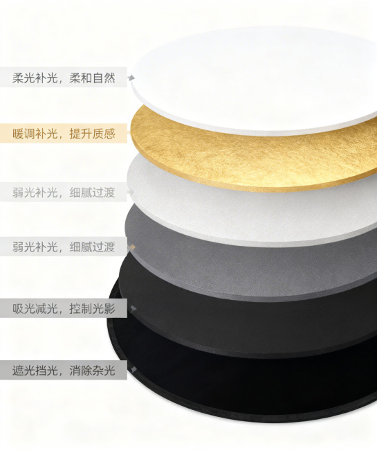 制作该反光板的剖面图，展示五层结构，第一层白色，标注“柔光补光，柔和自然”；第二层金色，标注“暖调补光，提升质感”；第三层浅灰色，标注“弱光补光，细腻过渡”；第四层深灰色，标注“吸光减光，控制光影”；预览效果