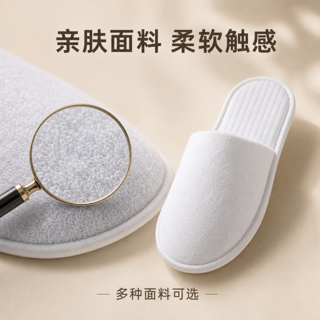[主图-3] 一次性拖鞋材质细节展示
[氛围风格] 自然真实质感，突出面料亲肤特性
[画质] 微距高清细节，商业摄影质感，纹理清晰可见
[元素] 放大镜效果放大拖鞋面料局部，展示细腻纹理，完整拖鞋放置预览效果