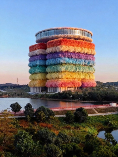 建筑整体呈现出全毛绒质感的风格，毛绒有层次感，毛绒颜色为彩虹色调。建筑保留原始形状，各个部分都如同被几种颜色柔软的毛绒材质精心包裹预览效果