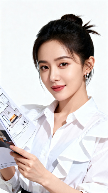 年轻女性整装设计师，穿宽松有设计感的白衬衫，头发绑起，戴耳环，手持设计图册，神态专业亲切，年轻时尚，专业有权威，纯色背景，商业摄影质感，高清清晰对焦，适合做小红书家装宣传图的人物，画面中不要添加任何文预览效果