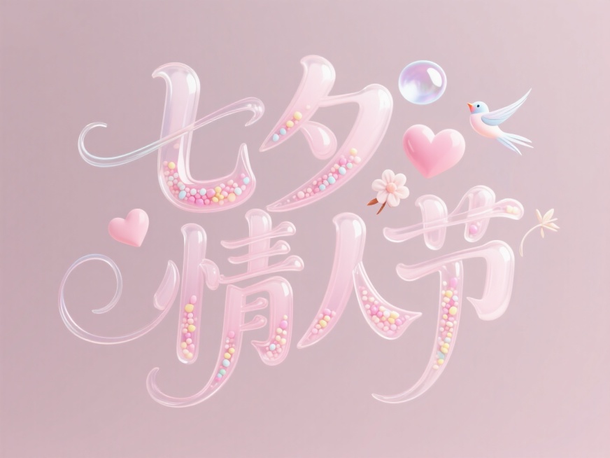 立体泡泡字体，字体:"七夕情人节"，3D立体字，软边缘，字体采用粉彩棉花糖材质表面覆水光膜，字体透明，字体里面填充跳跳糖颗粒，UE5渲染，完美细节，获奖作品，干净纯色背景，融合爱心、喜鹊、花朵等元素预览效果