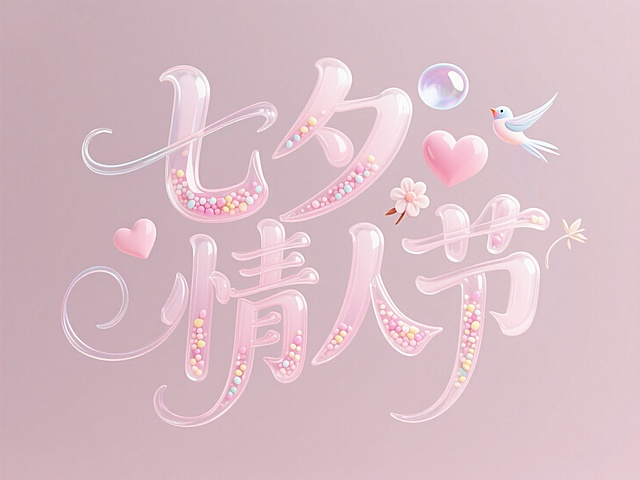 梦幻插画风，软3D大字设计，甜美可爱，点缀心形与小鸟，七夕情人节浪漫氛围。