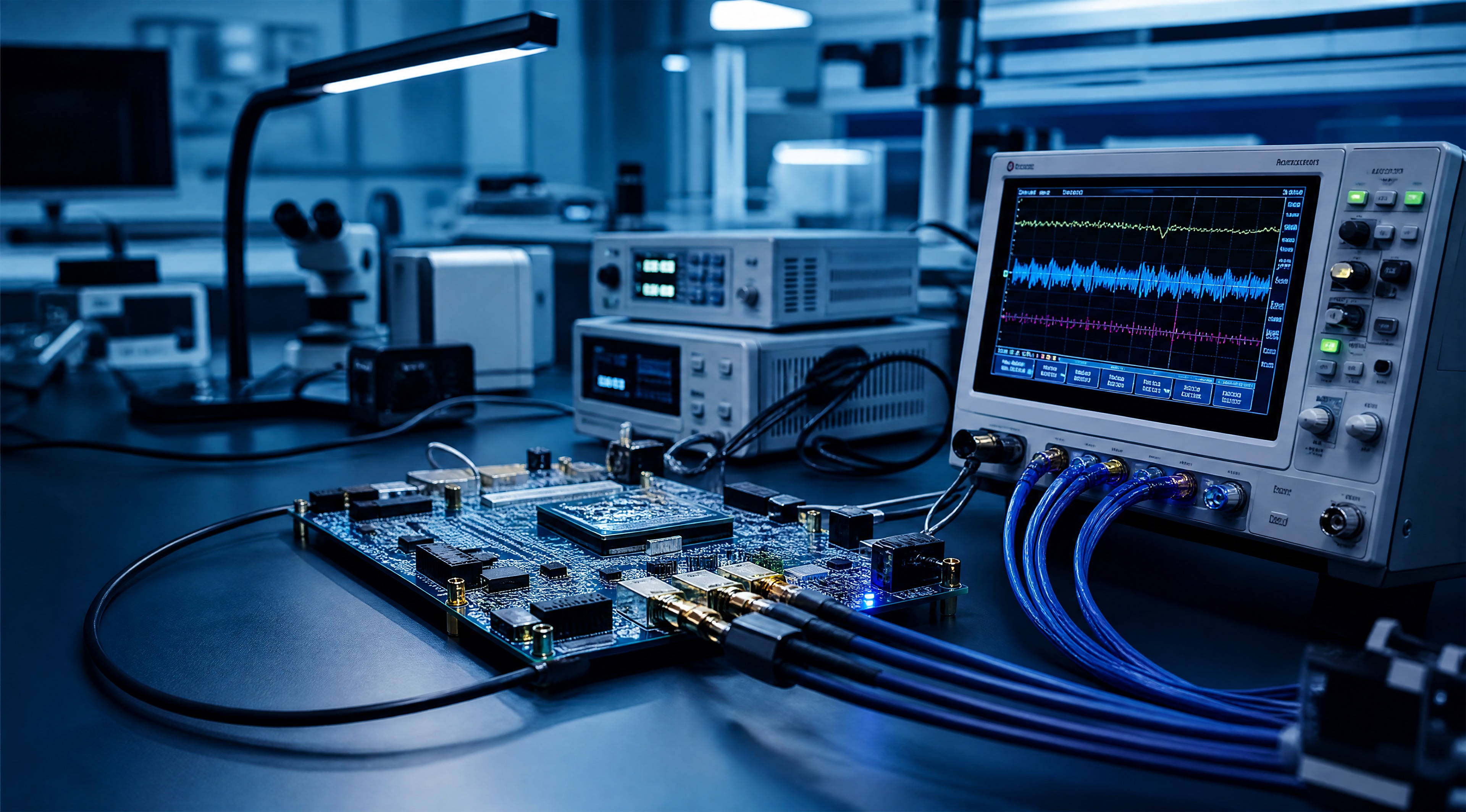 写实摄影，芯片实验室工作台，FPGA 开发板、示波器、高速信号… - 图片创意预览