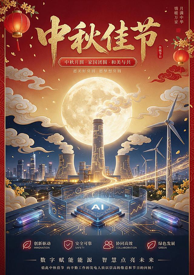 中秋节海报，为发电企业数字化转型的数字科技公司主题。画面融合风力发电机、电厂大烟囱、智能AI科技元素（如数据流动、AI芯片、数字网格、全息投影）。整体色调喜庆欢乐，以中国红、金色为主色调，点缀暖黄色灯光。画面中央有一轮明亮的满月，周围环绕祥云、灯笼、桂花等中秋元素。风机和烟囱在月光下呈现科技感的发光效果，象征传统能源与数字科技的融合。画面上方有醒目的中秋祝福文字区域。整体风格大气磅礴，兼具传统节日喜庆与现代科技感，高清细节，2K分辨率
