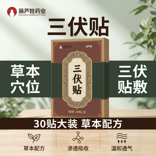 [单张主图] 葫芦娃药业三伏贴，爆款促销感电商主图，适配拼多多平台，参考原图版式重新生成，更换版式布局，根据产品调整配色。
[参考比对] 参考原图为顶部大标题，产品主体居中，底部三列卖点的爆款布局，保预览效果