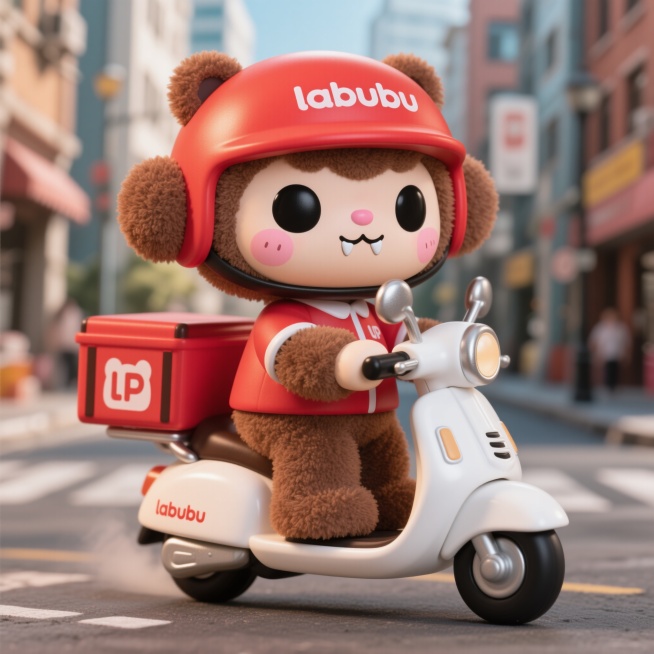 Q版潮玩风格，labubu角色，棕色毛绒质感，圆滚滚身体，大大的黑色眼睛，粉色腮红，尖尖牙齿，戴着红色外卖头盔，穿着红色外卖制服，骑着白色电动车，后座有红色外卖箱，背景为城市街道预览效果