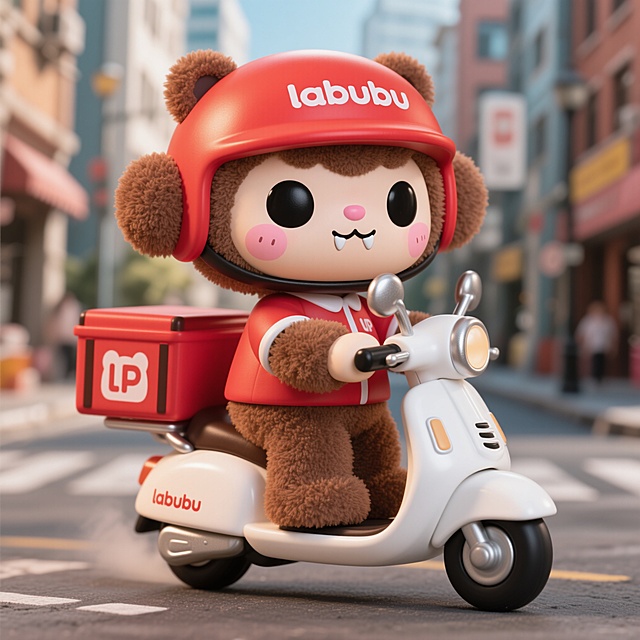 软3D风卡通角色骑电动车，可爱拟人设计，街头场景充满童趣。