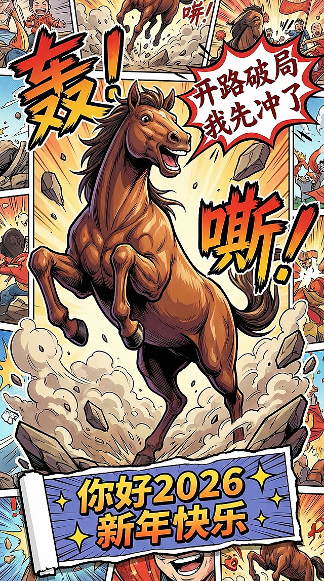 彩色漫画分镜，核心主体是一匹肌肉线条饱满的棕褐色骏马，骏马呈前蹄跃起的动态姿态，伴随尘土飞溅，表情开心，张开嘴巴喊出红色艺术字气泡“开路破局 我先冲了”，搭配漫画拟声词“轰！”“嘶！"强化动感，背景是漫画分镜拼接的封面场景，底部露出部分漫画格子，含 “你好2026 新年快乐” 字样、星星符号。