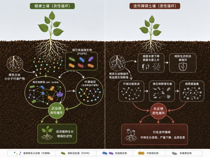 修改这张图：1. 将图例中有害微生物的形状和大小保持不变，颜色修改为灰色；2. 将图中所有涉及有害微生物的部分全部替换为修改后的灰色有害微生物图例；3. 在“微生物群落失衡”模块中，将画面修改为以有害预览效果