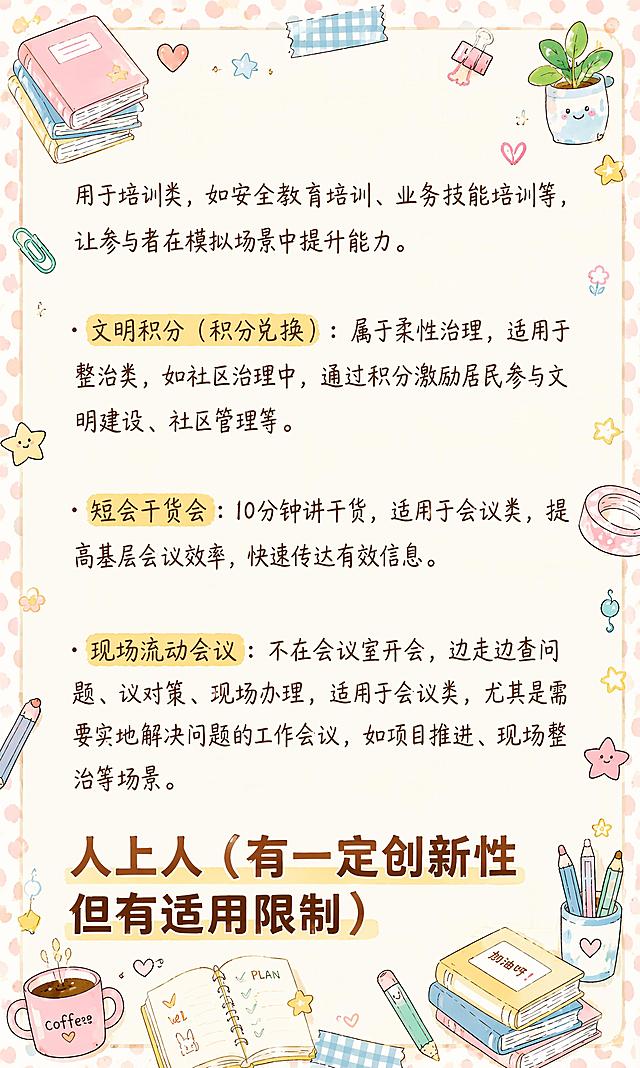 小红书笔记内页，马卡龙手账涂鸦风格，版式精美，小红书笔记质感。整体风格与参考图【图5】保持高度一致（相似度约85%），马卡龙奶油色调，浅米色笔记纸底，四周浅背景边框，角落有文具、咖啡、星星、书本、胶带、回形针、小植物等可爱手绘涂鸦装饰，涂鸦密集但保持画面整体不杂乱，不遮挡正文文字。所有文字内容完整保留不变，逐字锁定：「用于培训类，如安全教育培训、业务技能培训等，让参与者在模拟场景中提升能力。· 文明积分（积分兑换）：属于柔性治理，适用于整治类，如社区治理中，通过积分激励居民参与文明建设、社区管理等。· 短会干货会：10分钟讲干货，适用于会议类，提高基层会议效率，快速传达有效信息。· 现场流动会议：不在会议室开会，边走边查问题、议对策、现场办理，适用于会议类，尤其是需要实地解决问题的工作会议，如项目推进、现场整治等场景。人上人（有一定创新性但有适用限制）」，其中「人上人（有一定创新性但有适用限制）」为小标题，深棕色粗体字，带浅黄色高亮底纹，位于画面下方。正文为深棕色手写体，左对齐，行距舒适，重点关键词可加浅黄色高亮底纹。装饰层：画面四周分布文具、咖啡杯、星星、书本、胶带、回形针、便签、小爱心、小植物等马卡龙色手绘涂鸦小元素，四个角落有装饰图案，浅背景边框带波点或格纹肌理，整体温馨可爱手账风。所有文字内容完整保留，不得增删改字，涂鸦不得遮挡文字。画面比例3:5，4K。图生图：【图3】为底图内容来源（保留全部文字内容与结构），【图5】为风格参考图（马卡龙手账涂鸦风格参考）。