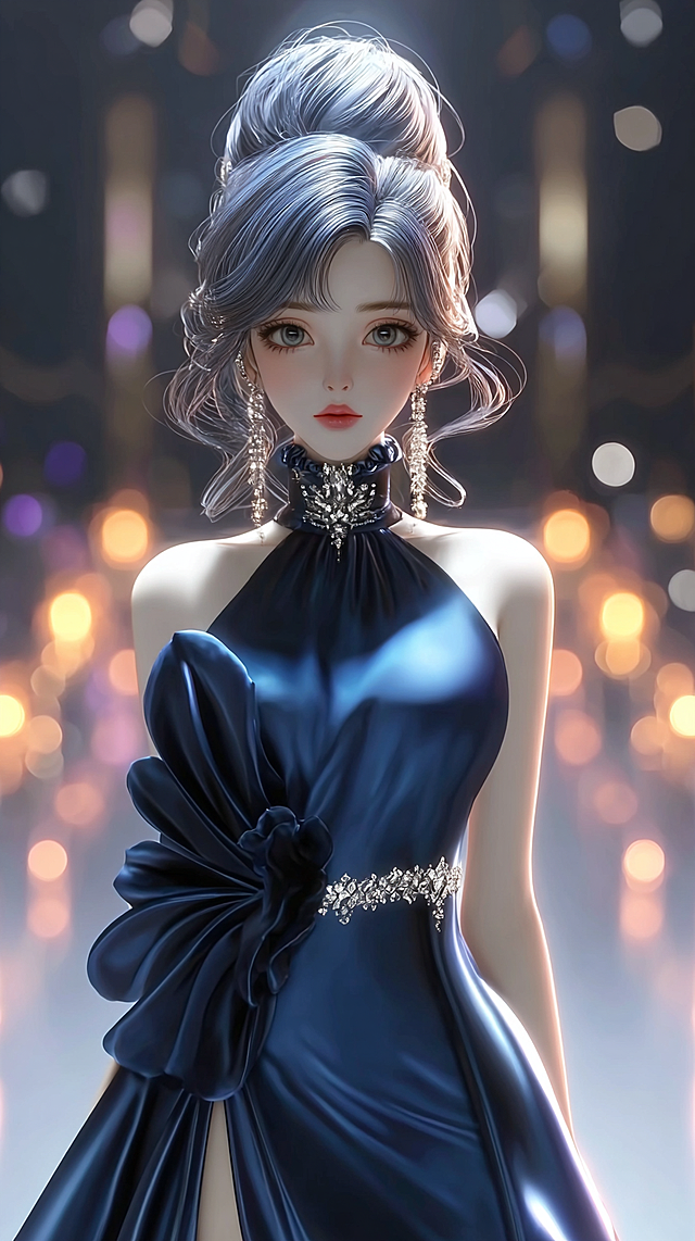 masterpiece, best quality, 8k, ultra-detailed, CG anime girl, full body shot, slender figure, dark blue satin mermaid dress, boat neck, diamond waist belt, black low bun with diamond hairpins, front soft light creating 3D effect, clear satin folds, silver diamond-embellished high-heeled sandals, luxurious ballroom background, detailed face (refer to face reference), elegant charming temperament, delicate skin