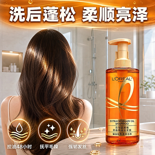 [主图-4] 使用场景与效果展示，浴室场景中使用后的清爽蓬松发质效果。
[统一基调] 拼多多风格大字直白，暖橙金主色调，背景为通透的琥珀橙渐变流体，搭配金色光带和晶莹水滴，营造精油洗护的高级水润氛围。主标题用粗黑体大字，白色或金色，强对比；辅助文案用深棕色或白色小号字；强调色为金色。整套主标题字体统一为粗黑体，说明文字统一为细黑体。
[画面] 明亮整洁的现代浴室场景背景，浅白色瓷砖和玻璃淋浴间，有柔和的水雾感。画面右侧前景为产品瓶身，放置在浴室洗手台边缘，占比约40%，正面展示。画面左侧展示一位女性的背影肩部以上，头发洗后蓬松柔顺有光泽，发丝在光线下有金色高光，人物只展示后脑勺和肩部，不露出面部。画面顶部主标题大字：「洗后蓬松 柔顺亮泽」。画面底部三个小图标横向排列，分别配文：「控油48小时」「抚平毛躁」「强韧发丝」。
[光影质感] 真实浴室场景摄影质感，自然柔和的顶光和侧光，头发有真实的蓬松感和光泽，产品自然放置在台面上有接触阴影，整体明亮干净。
[配色] 白色、浅灰、琥珀橙、金色，整体明亮清爽。
[文字版式] 主标题粗黑体大号白色，带浅橙色底条，居中顶部。图标说明文字细黑体白色小号。
[输出要求] 1:1正方形，2048px，文字清晰无错字，产品清晰不变形，人物头发真实自然，无水印，无平台Logo。禁止面部出现、变形、错字、模糊、穿模。