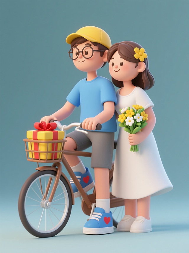 四个规整排布的3D风格情侣元素，整体造型简约现代，采用纯色背景，无任何文字、logo和水印。第一对情侣为骑行风格，男孩穿蓝色T恤和灰色短裤，戴黄色帽子和眼镜，脚踩蓝色带红心图案的鞋子，骑着棕色自行车，车筐里放着带红色蝴蝶结的黄色礼物盒；女孩穿白色连衣裙，头发上别着黄色花朵，手持一束由黄色、白色和绿色组成的花束，依偎在男孩身后，两人面带微笑，沉浸在温馨氛围中。每个情侣元素都具有平滑的3D渐变质感，光影表现柔和，阴影细节自然，整体色彩和谐统一。