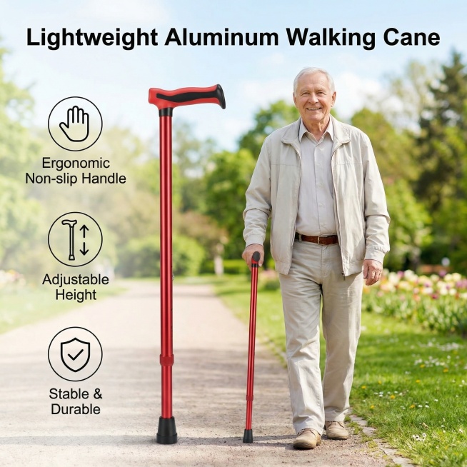 Product appearance consistent with original image: red aluminum alloy adjustable walking cane. Elder预览效果