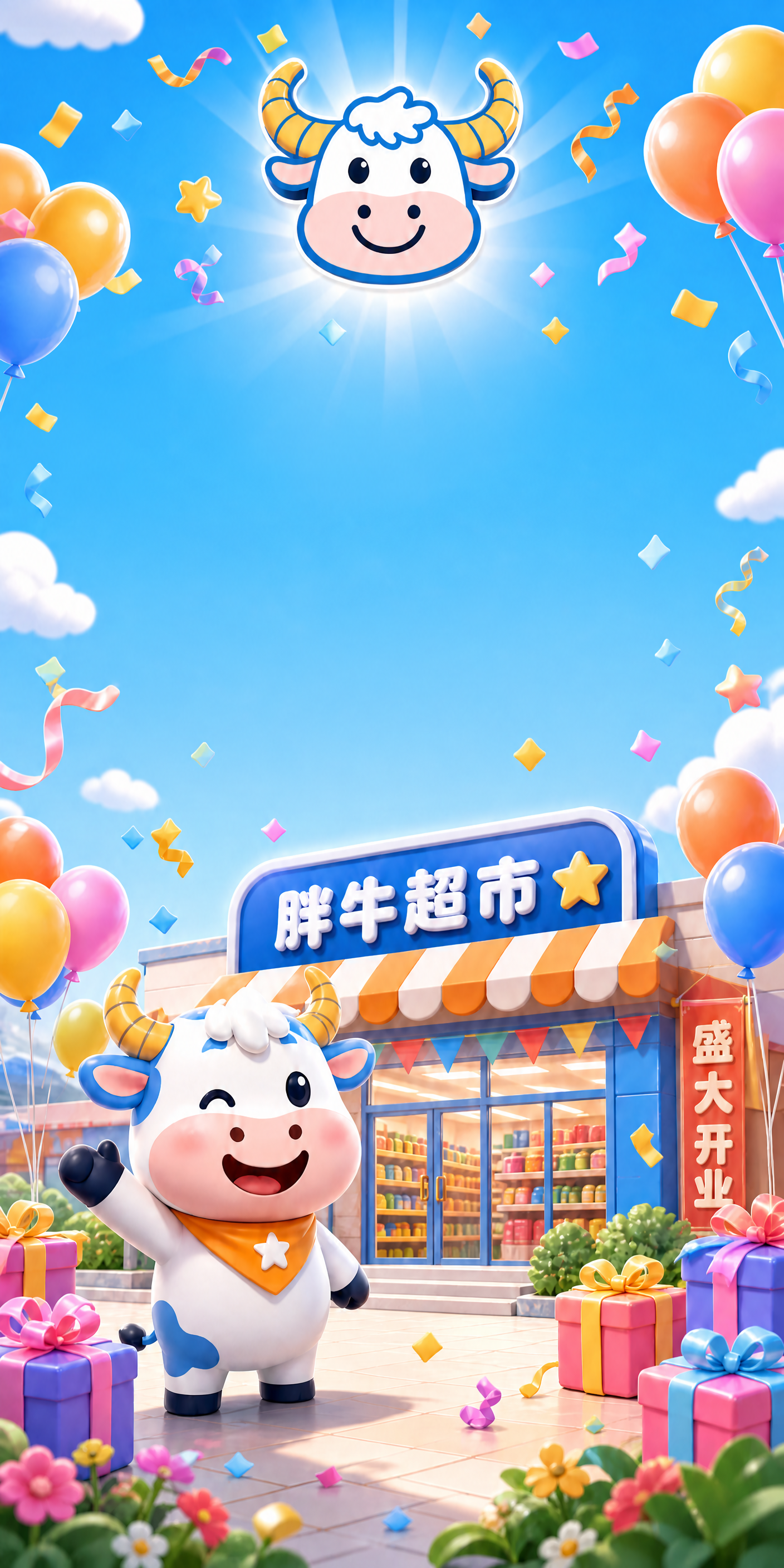 去掉画面中的"胖牛瑞安店 盛大开业"大标题文字和"万平商超欢迎… - 图片创意预览
